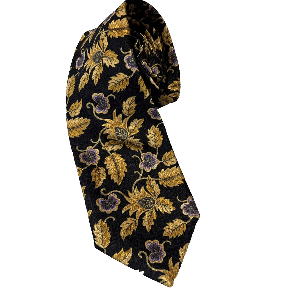IKE Behar Men's Black Gold Lavendar‎ Floral 100% Silk Tie USA Luxury Statement